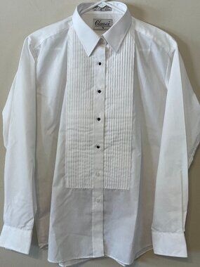 Men's formal white pleated sz 18 shirt by Classix w/removable black tux buttons